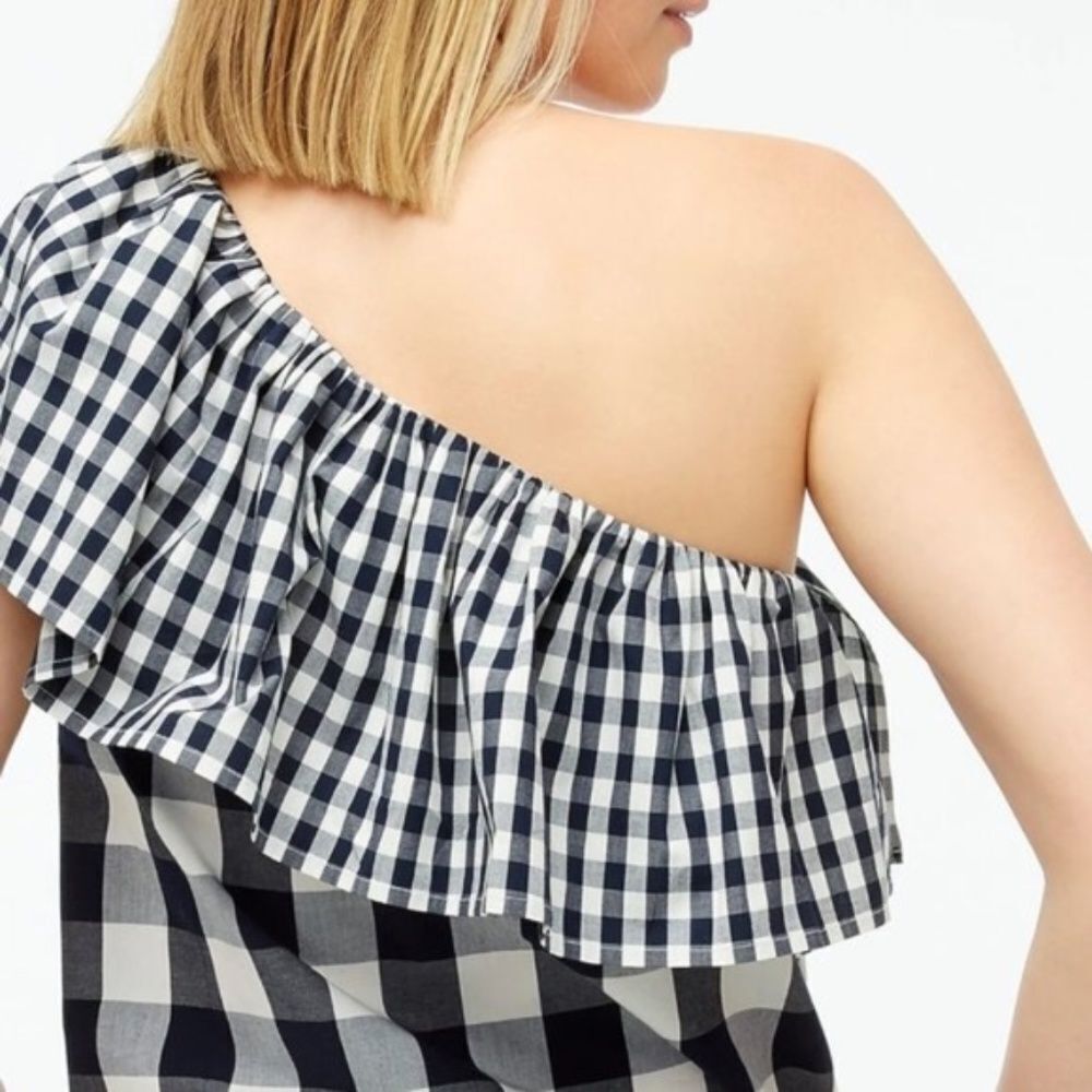 J Crew One-Shoulder Gingham Top in Cotton Poplin Navy & White Ruffle Sz 0 - Picture 2 of 4